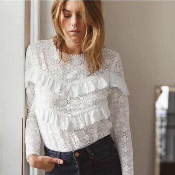 Sezane Ninon Long Sleeve Ruffle Lace Blouse Victorian Cottagecore Boho Size 40 8 - Picture 1 of 10